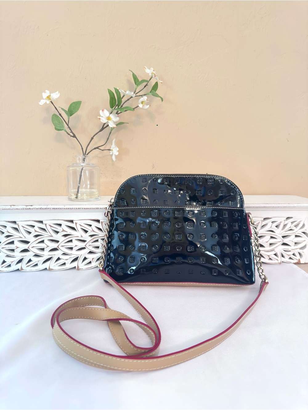 ARCADIA ~ Black Patent Leather Crossbody Bag w/Gold Hardware & Leather Strap